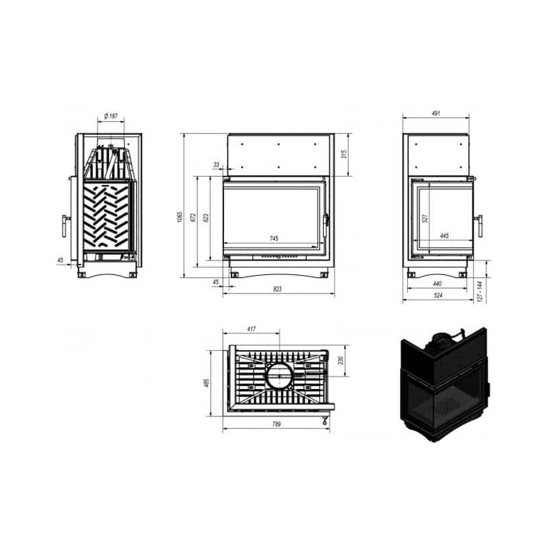 Kratki AMELIA L BS DECO Ενεργειακό Τζάκι Ξύλου Αερόθερμο 21kW Αριστερή Γωνία Μαντεμένιο με Ανοιγόμενη Πόρτα Τεχνικό Σχέδιο