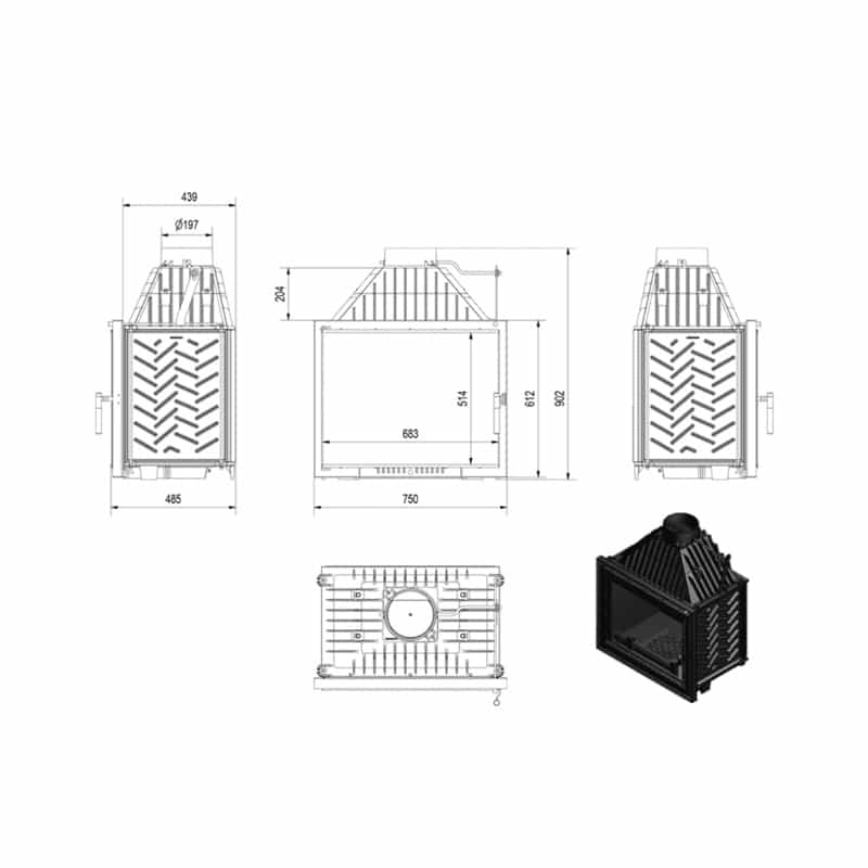 Kratki AMELIA DECO Ενεργειακό Τζάκι Ξύλου Αερόθερμο 21kw Ίσιο Μαντεμένιο με Ανοιγόμενη Πόρτα Τεχνικό Σχέδιο