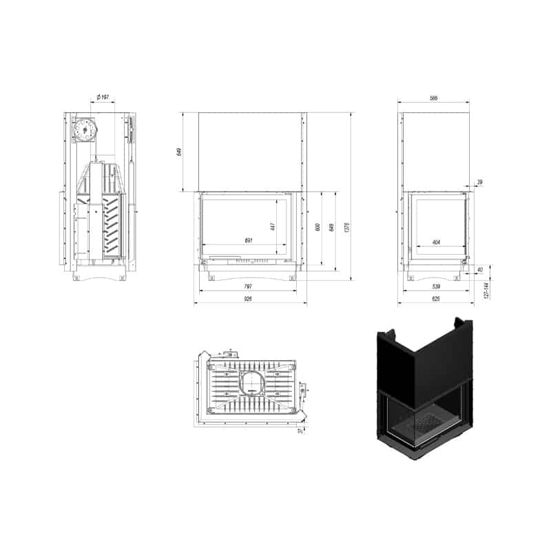 Kratki AMELIA L BS G Ενεργειακό Τζάκι Ξύλου Αερόθερμο 21kW Αριστερή Γωνία Μαντεμένιο με Συρόμενη Πόρτα Τεχνικό Σχέδιο