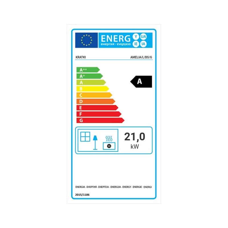 Kratki AMELIA L BS G Ενεργειακό Τζάκι Ξύλου Αερόθερμο 21kW Αριστερή Γωνία Μαντεμένιο με Συρόμενη Πόρτα Ενεργειακή Καρτέλα