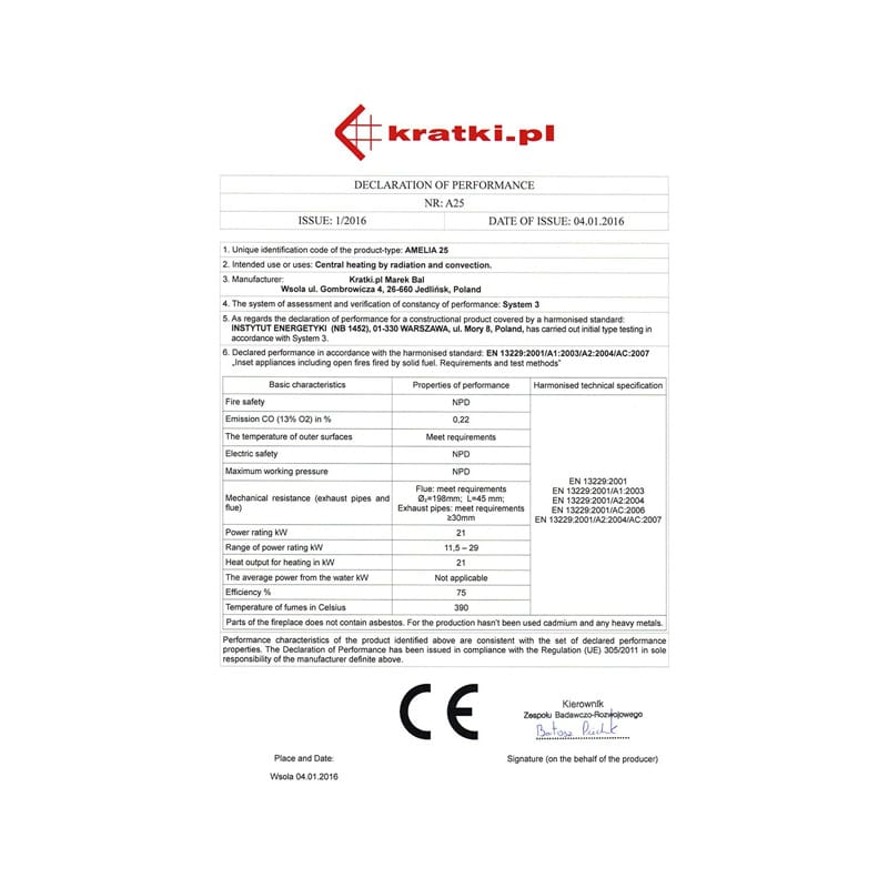 Kratki AMELIA PF Ενεργειακό Τζάκι Ξύλου Αερόθερμο 21kw Ίσιο Μαντεμένιο με Ανοιγόμενη Πόρτα CE