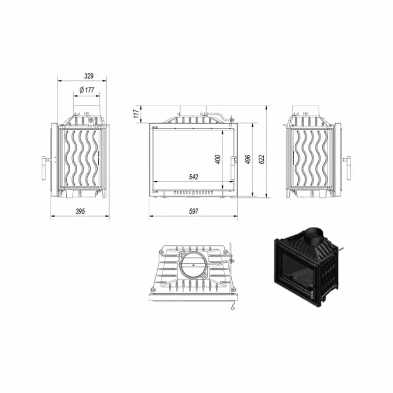 Kratki ANTEK DECO Ενεργειακό Τζάκι Ξύλου Αερόθερμο 10kw Ίσιο Μαντεμένιο με Ανοιγόμενη Πόρτα Τεχνικό Σχέδιο