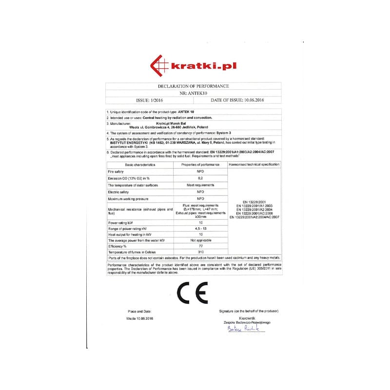 Kratki ANTEK PF Ενεργειακό Τζάκι Ξύλου Αερόθερμο 10kw Ίσιο Μαντεμένιο με Ανοιγόμενη Πόρτα CE