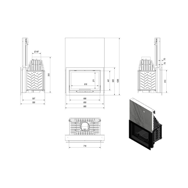 Kratki OLIWIA G Ενεργειακό Τζάκι Ξύλου Αερόθερμο 16kw Ίσιο Μαντεμένιο με Συρόμενη Πόρτα Τεχνικό Σχέδιο