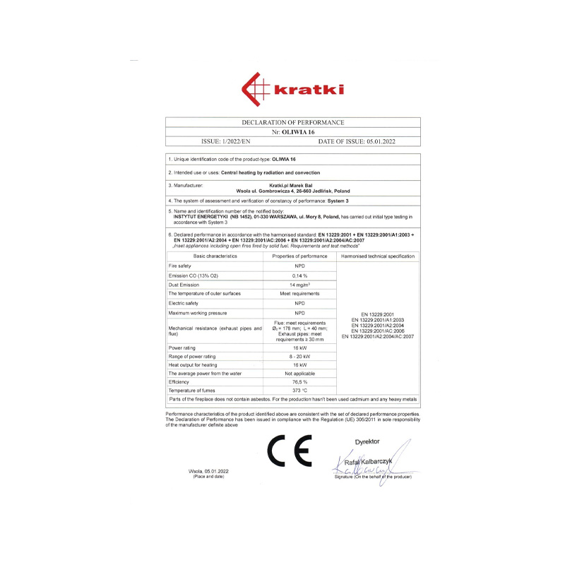 Kratki OLIWIA G Ενεργειακό Τζάκι Ξύλου Αερόθερμο 16kw Ίσιο Μαντεμένιο με Συρόμενη Πόρτα CE