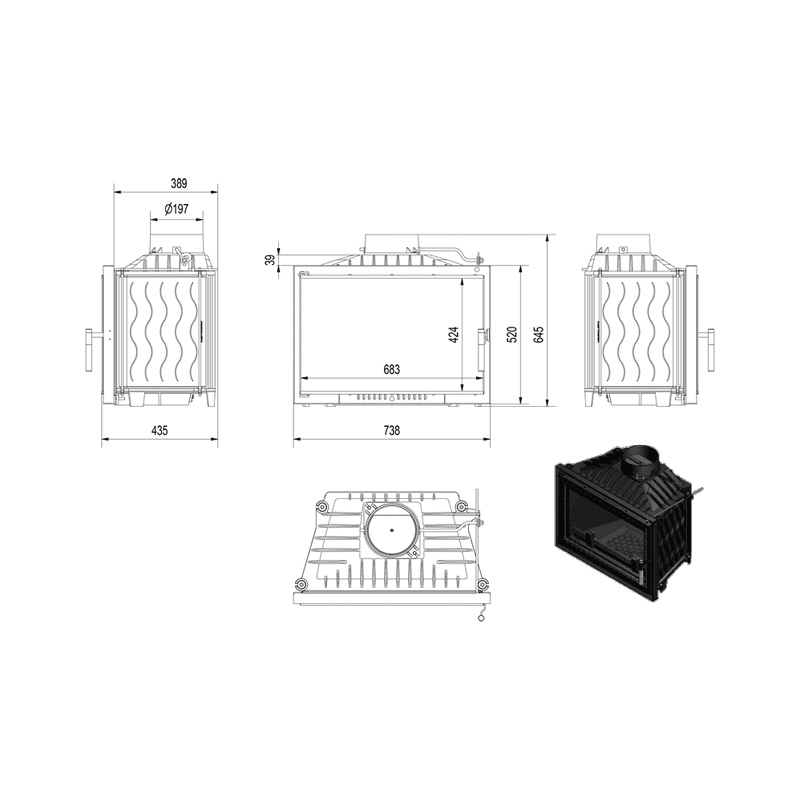 Kratki WIKTOR DECO Ενεργειακό Τζάκι Ξύλου Αερόθερμο 14kW Ίσιο Μαντεμένιο με Ανοιγόμενη Πόρτα Τεχνικό Σχέδιο