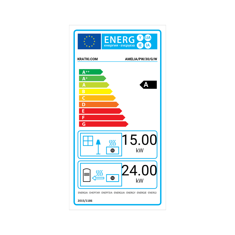 Kratki AMELIA PW 30 G W Ενεργειακό Τζάκι Ξύλου Καλοριφέρ 15kW με Συρόμενη Πόρτα Ενεργειακή Καρτέλα