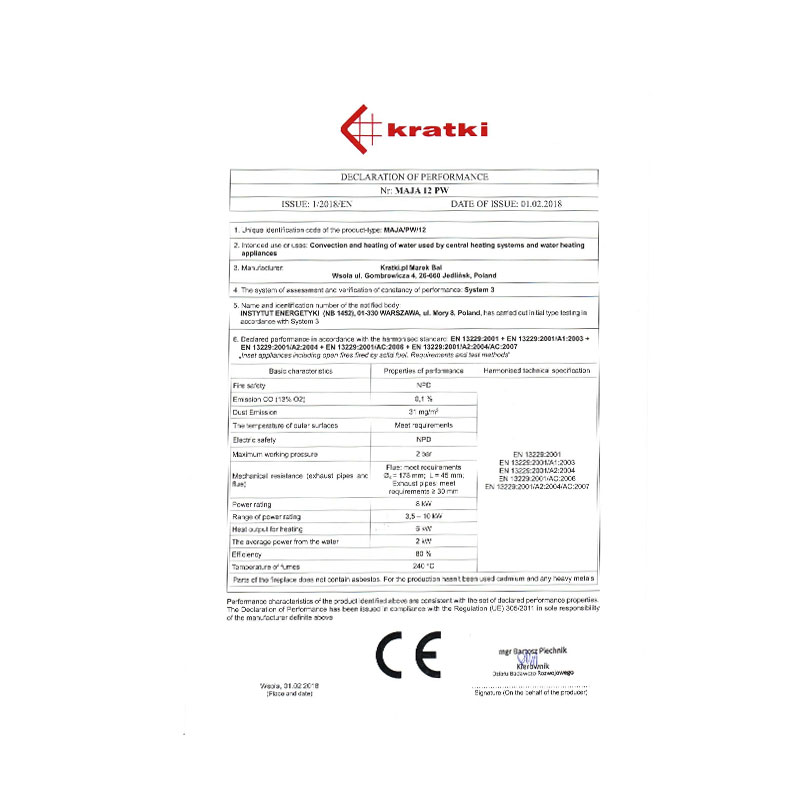 Kratki MAJA PW BL 12 W Ενεργειακό Τζάκι Ξύλου Καλοριφέρ 8kW Ίσιο με Ανοιγόμενη Πόρτα CE