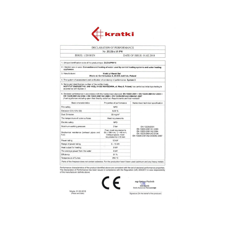 Kratki ZUZIA PW 15 W Ενεργειακό Τζάκι Ξύλου Καλοριφέρ 12kW Ίσιο με Ανοιγόμενη Πόρτα CE