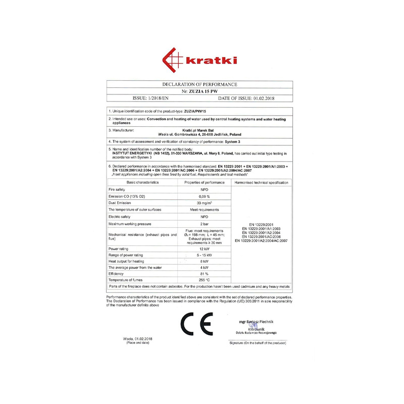 Kratki ZUZIA PW BP 15 BS W Ενεργειακό Τζάκι Ξύλου Καλοριφέρ 12kW Δεξιά Γωνία με Ανοιγόμενη Πόρτα CE