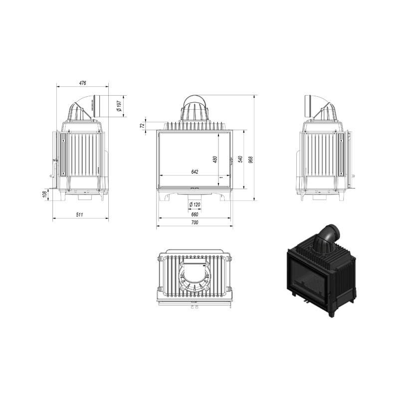 Kratki FRANEK 12 PF Ενεργειακό Τζάκι Ξύλου Αερόθερμο 12kw Ίσιο Μαντεμένιο με Ανοιγόμενη Πόρτα