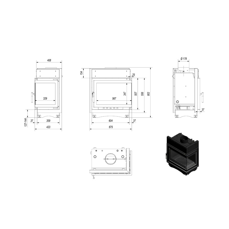 Kratki MAJA PW BP 12 BS W Ενεργειακό Τζάκι Ξύλου Καλοριφέρ 8kW Δεξιά Γωνία με Ανοιγόμενη Πόρτα