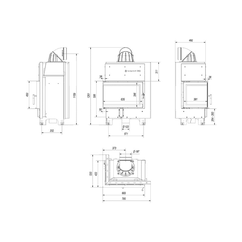 Kratki MBM L BS Ενεργειακό Τζάκι Ξύλου Αερόθερμο 10kw Αριστερή Γωνία από Χάλυβα με Ανοιγόμενη Πόρτα Τεχνικό Σχέδιο