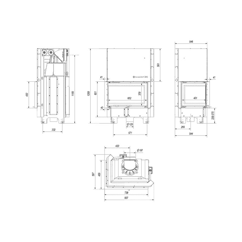 Kratki MBM L BS G Ενεργειακό Τζάκι Ξύλου Αερόθερμο 10kw Αριστερή Γωνία από Χάλυβα με Συρόμενη Πόρτα Τεχνικό Σχέδιο