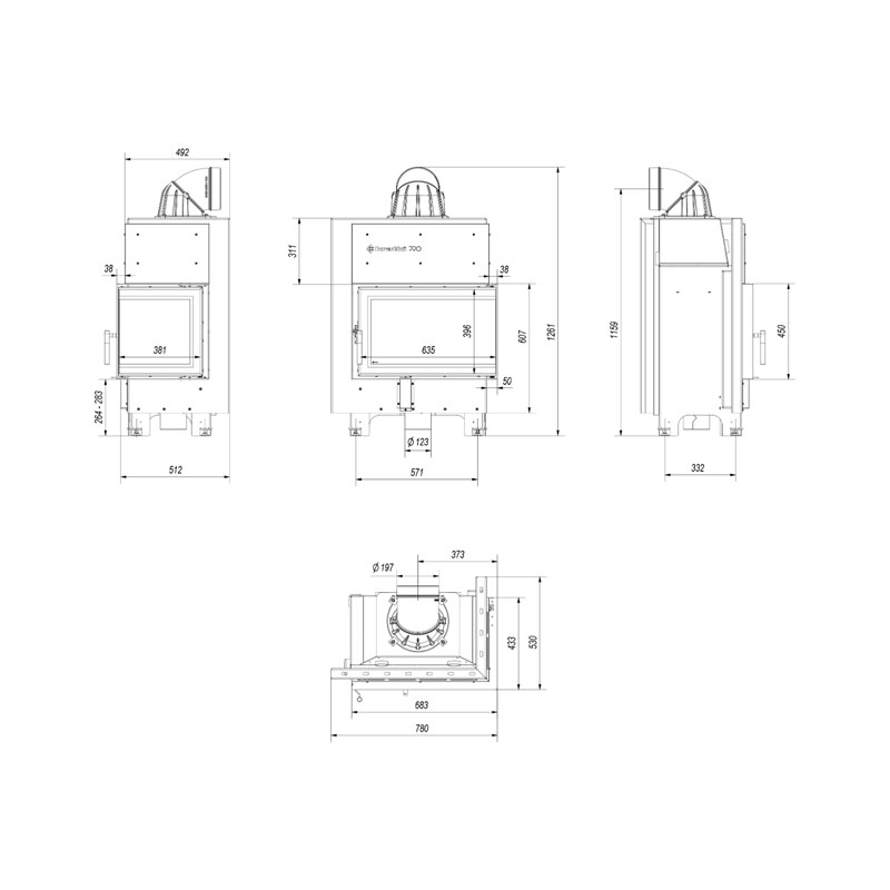 Kratki MBM P BS Ενεργειακό Τζάκι Ξύλου Αερόθερμο 10kw Δεξιά Γωνία από Χάλυβα με Ανοιγόμενη Πόρτα Τεχνικό Σχέδιο