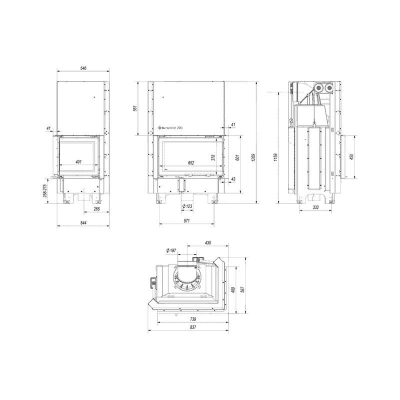 Kratki MBM P BS G Ενεργειακό Τζάκι Ξύλου Αερόθερμο 10kw Δεξιά Γωνία από Χάλυβα με Συρόμενη Πόρτα Τεχνικό Σχέδιο