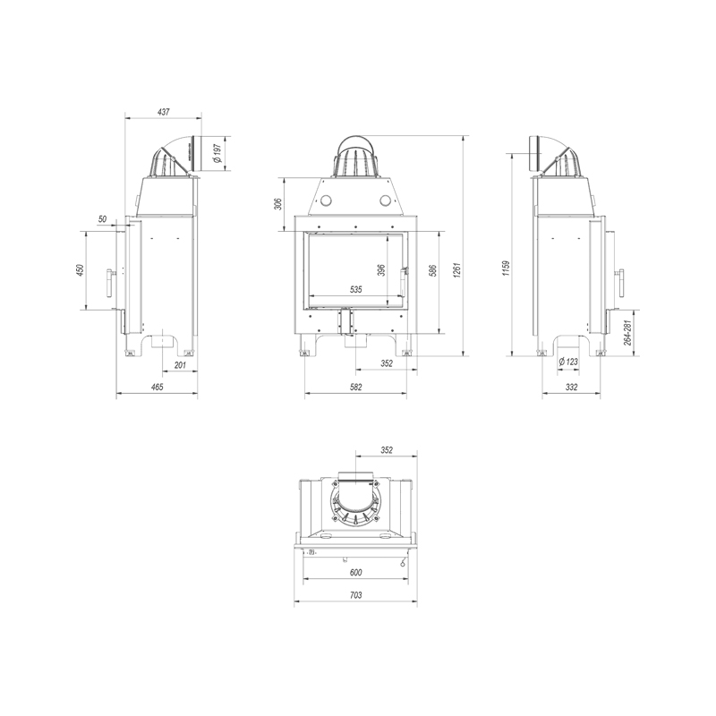 Kratki MBM PF Ενεργειακό Τζάκι Ξύλου Αερόθερμο 10kw Ίσιο από Χάλυβα με Ανοιγόμενη Πόρτα Τεχνικό Σχέδιο