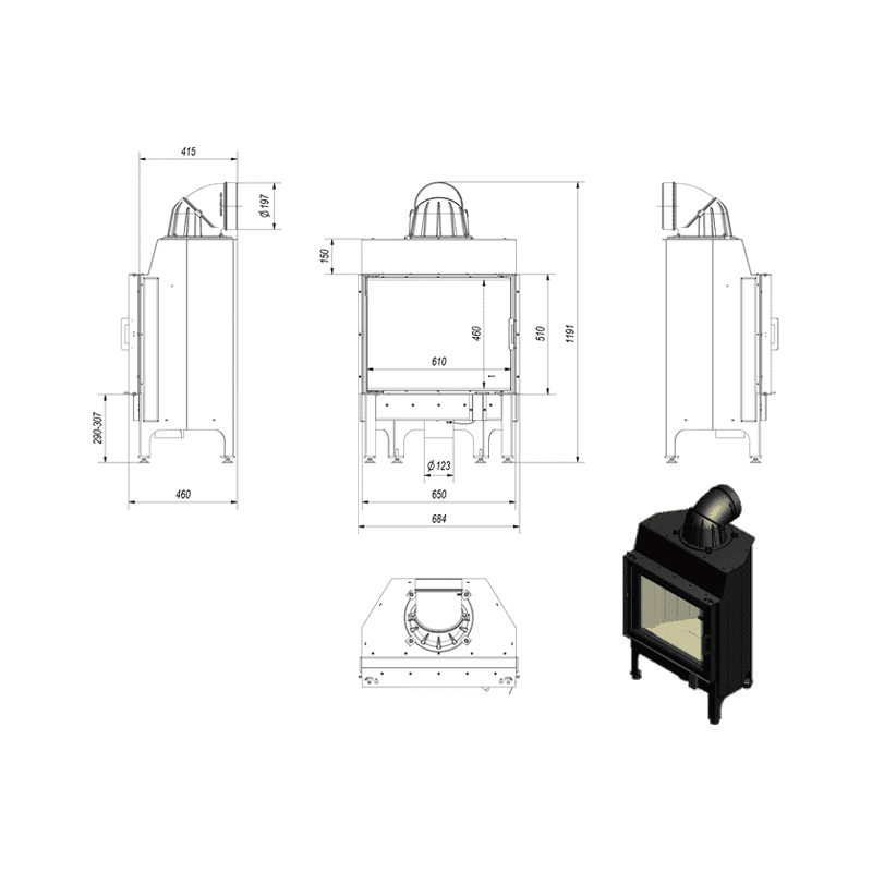 Kratki NADIA 10 Ενεργειακό Τζάκι Ξύλου Αερόθερμο 10kw Ίσιο από Χάλυβα με Ανοιγόμενη Πόρτα Τεχνικό Σχέδιο