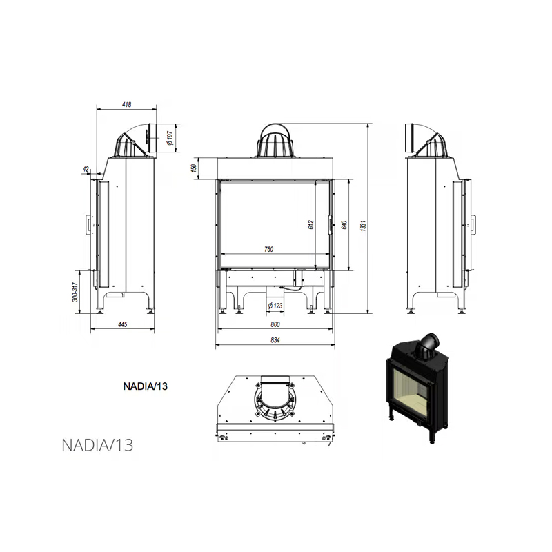 Kratki NADIA 13 Ενεργειακό Τζάκι Ξύλου Αερόθερμο 13kw Ίσιο από Χάλυβα με Ανοιγόμενη Πόρτα Τεχνικό Σχέδιο