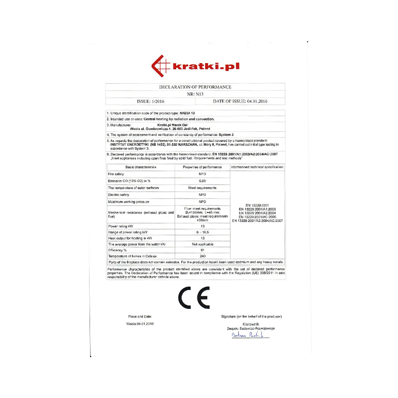 Kratki NADIA 13 Ενεργειακό Τζάκι Ξύλου Αερόθερμο 13kw Ίσιο από Χάλυβα με Ανοιγόμενη Πόρτα CE