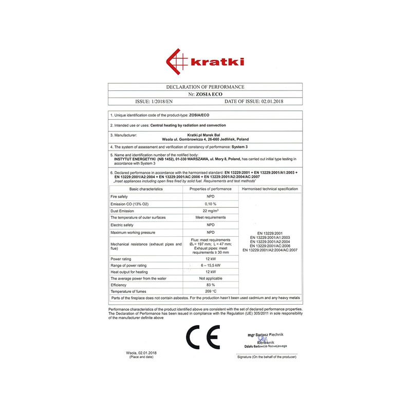 Kratki ZOSIA PF Ενεργειακό Τζάκι Ξύλου Αερόθερμο 12kW Ίσιο Μαντεμένιο με Ανοιγόμενη Πόρτα CE