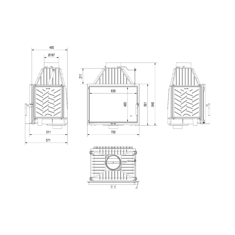 Kratki ZOSIA PF Ενεργειακό Τζάκι Ξύλου Αερόθερμο 12kW Ίσιο Μαντεμένιο με Ανοιγόμενη Πόρτα Τεχνικό Σχέδιο