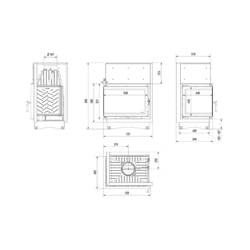 Kratki ZUZIA ECO L BS DECO Ενεργειακό Τζάκι Ξύλου Αερόθερμο 12kW Αριστερή Γωνία Μαντεμένιο με Ανοιγόμενη Πόρτα Τεχνικό Σχέδιο