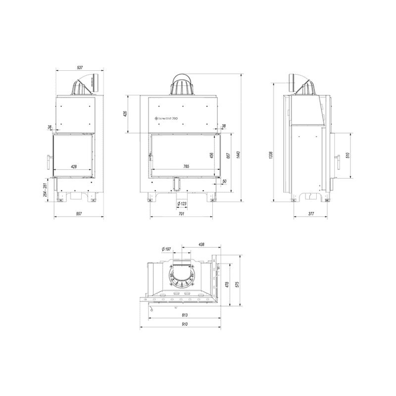 Kratki MBO P BS Ενεργειακό Τζάκι Ξύλου Αερόθερμο 15kw Δεξιά Γωνία από Χάλυβα με Ανοιγόμενη Πόρτα Τεχνικό Σχέδιο