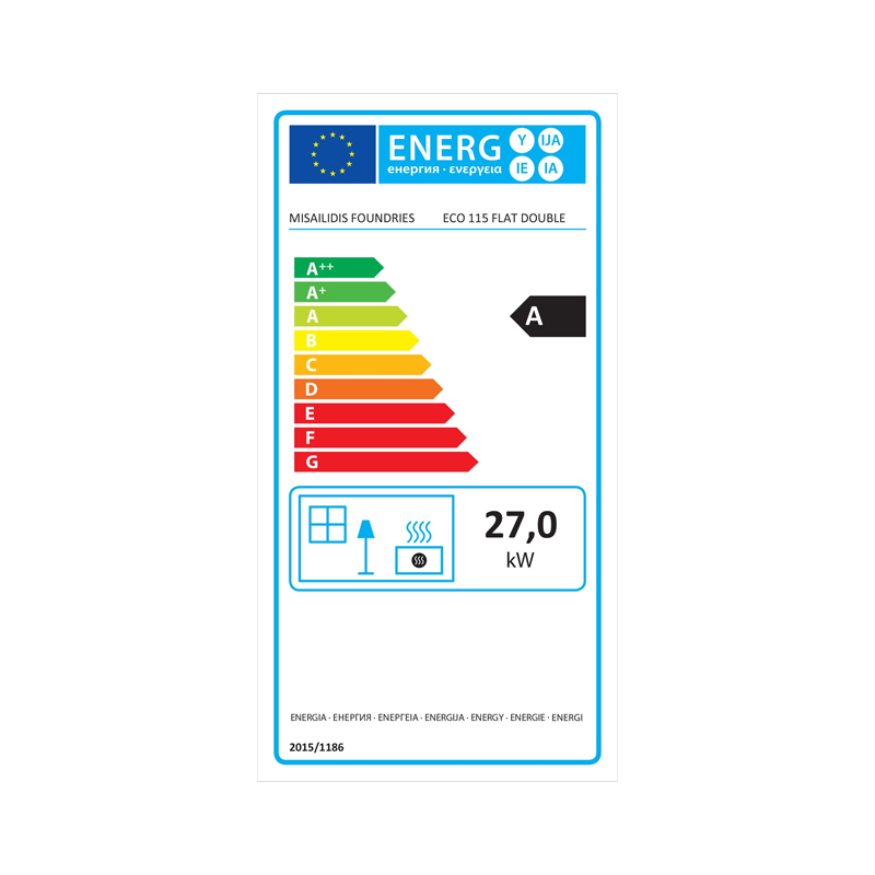 Χυτήρια Μισαηλίδη Eco T-115 Ενεργειακό Τζάκι Ξύλου 27kW Διαμπερές με Συρόμενες Ανοιγόμενες Πόρτες Ενεργειακή Καρτέλα