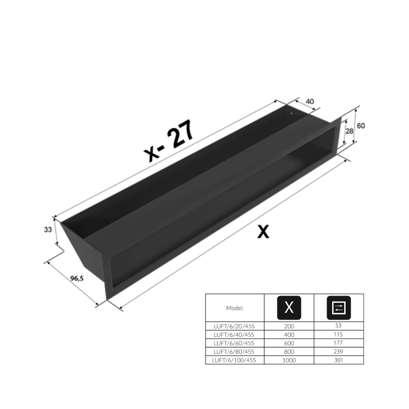 Kratki LUFT 6 60 45S Περσίδα Τζακιού 6×60cm Ορθογώνια Τεχνικό Σχέδιο