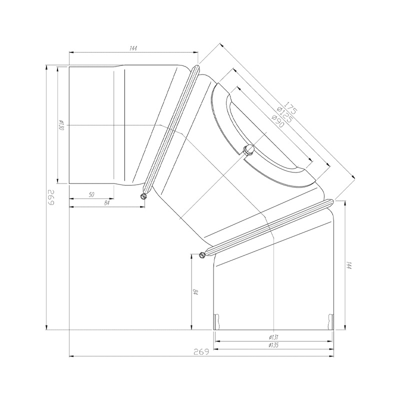 OEM Γωνία Σύνδεσης Καπνοδόχου 130mm 90° Ρυθμιζόμενη Μαύρου Χάλυβα Διαστάσεις