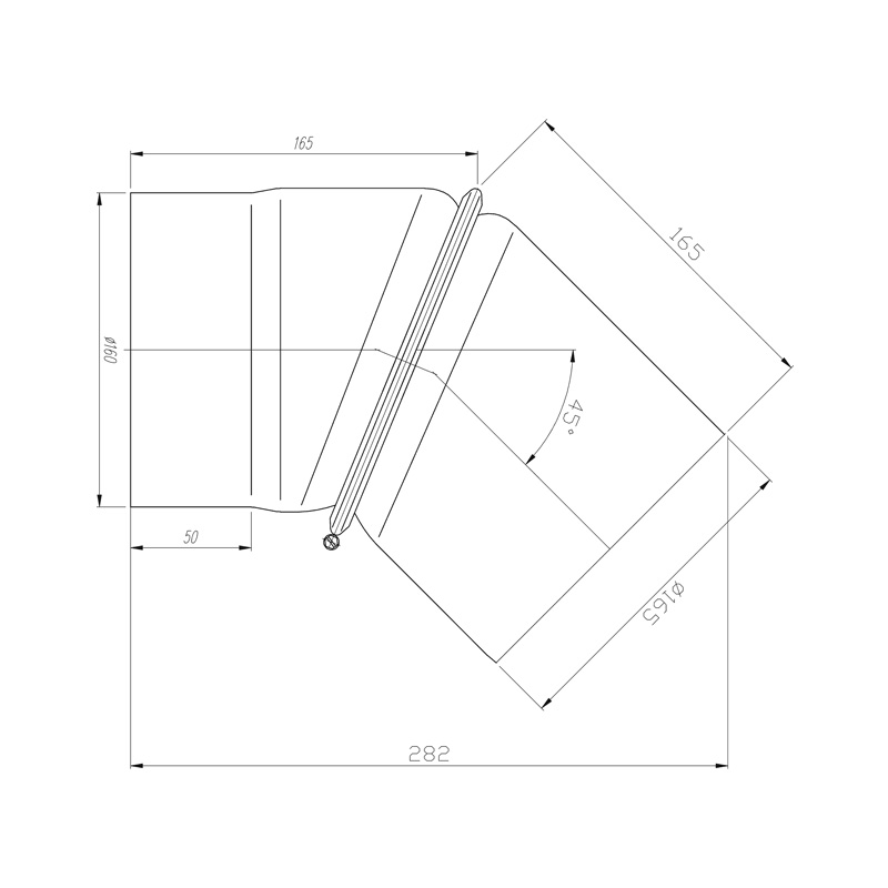 OEM Γωνία Σύνδεσης Καπνοδόχου 160mm 45° Ρυθμιζόμενη Μαύρου Χάλυβα Διαστάσεις