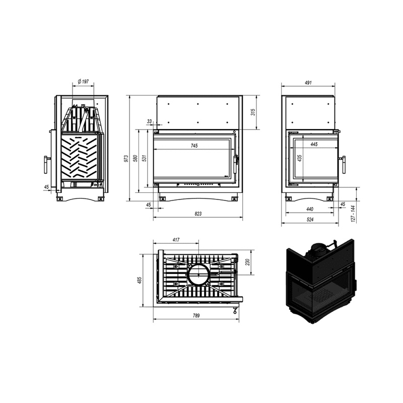 Kratki OLIWIA L BS DECO Ενεργειακό Τζάκι Ξύλου Αερόθερμο 16kw Αριστερή Γωνία Μαντεμένιο με Ανοιγόμενη Πόρτα Τεχνικό Σχέδιο