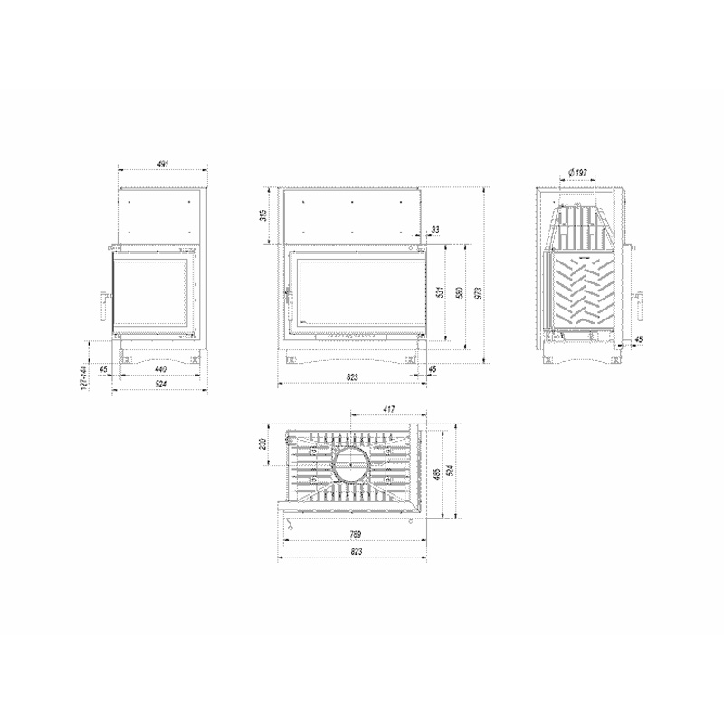 Kratki OLIWIA P BS DECO Ενεργειακό Τζάκι Ξύλου Αερόθερμο 16kw Δεξιά Γωνία Μαντεμένιο με Ανοιγόμενη Πόρτα Τεχνικό Σχέδιο