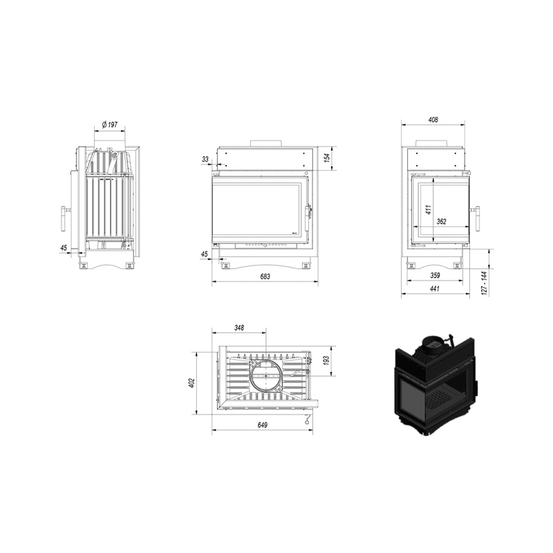 Kratki MAJA L BS DECO Ενεργειακό Τζάκι Ξύλου Αερόθερμο 8kw Αριστερή Γωνία Μαντεμένιο με Ανοιγόμενη Πόρτα Τεχνικό Σχέδιο