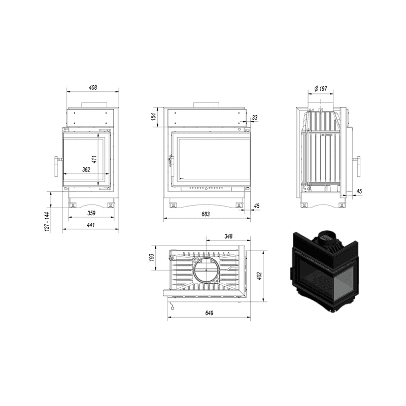 Kratki MAJA P BS DECO Ενεργειακό Τζάκι Ξύλου Αερόθερμο 8kw Δεξία Γωνία Μαντεμένιο με Ανοιγόμενη Πόρτα Τεχνικό Σχέδιο