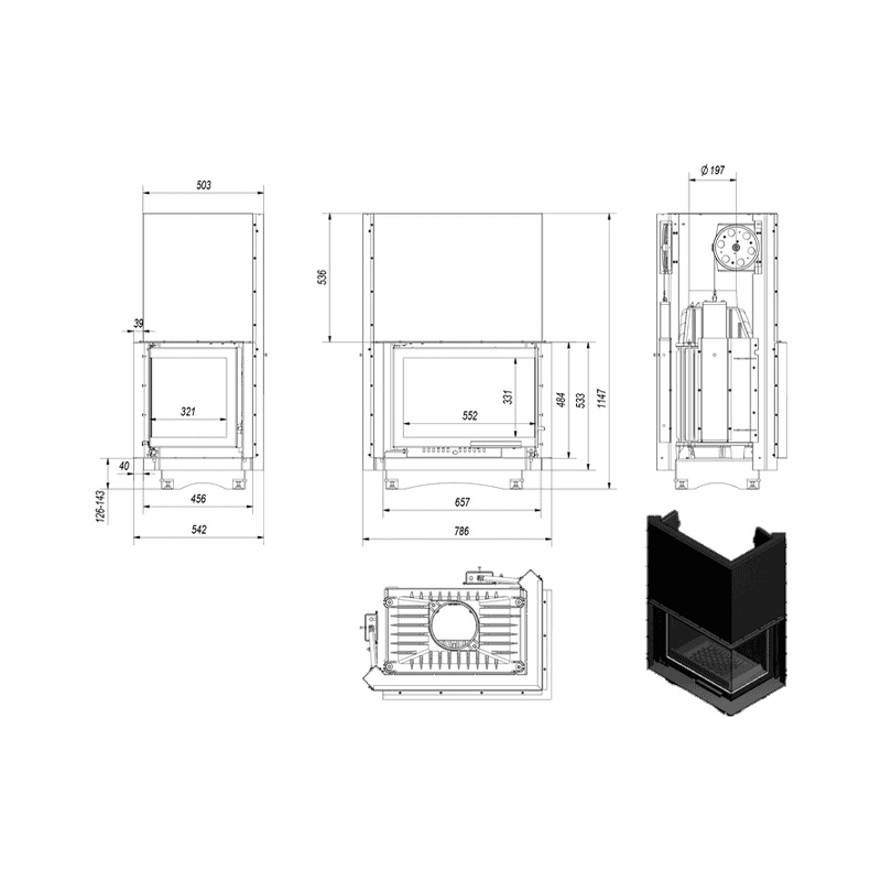 Kratki MAJA P BS G Ενεργειακό Τζάκι Ξύλου Αερόθερμο 8kw Δεξιά Γωνία Μαντεμένιο με Συρόμενη Πόρτα Τεχνικό Σχέδιο