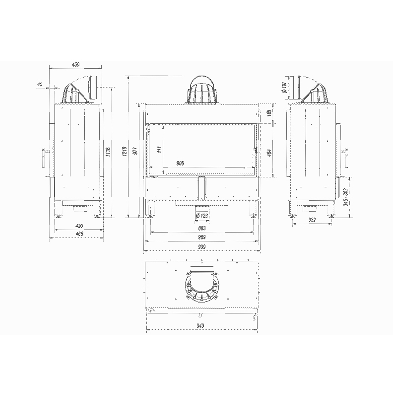 Kratki LUCY 16 BLACK Ενεργειακό Τζάκι Ξύλου Αερόθερμο 16kw Ίσιο από Χάλυβα με Ανοιγόμενη Πόρτα Τεχνικό Σχέδιο