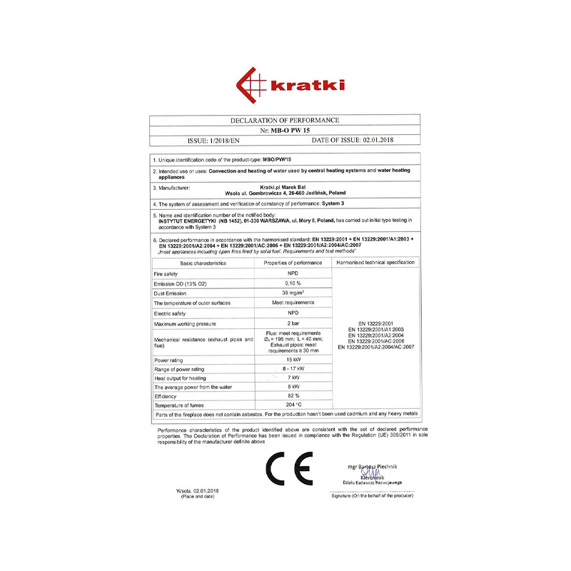 Kratki MBO PW 15 G W Ενεργειακό Τζάκι Ξύλου Καλοριφέρ 15kW Ίσιο με Συρόμενη Πόρτα CE