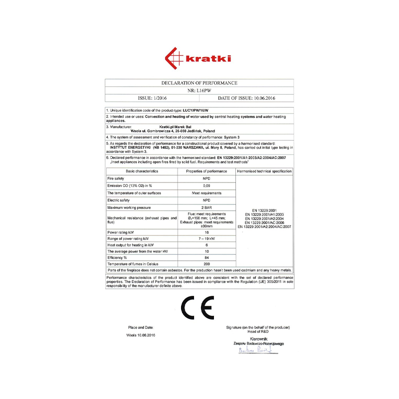 Kratki LUCY PW 16 W Ενεργειακό Τζάκι Ξύλου Καλοριφέρ 16kW Ίσιο με Ανοιγόμενη Πόρτα CE