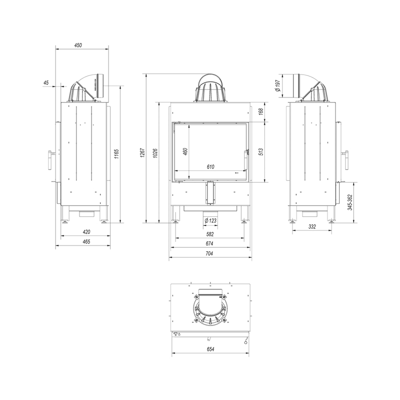 Kratki LUCY 12 Ενεργειακό Τζάκι Ξύλου Αερόθερμο 12kw Ίσιο από Χάλυβα με Ανοιγόμενη Πόρτα Τεχνικό Σχέδιο