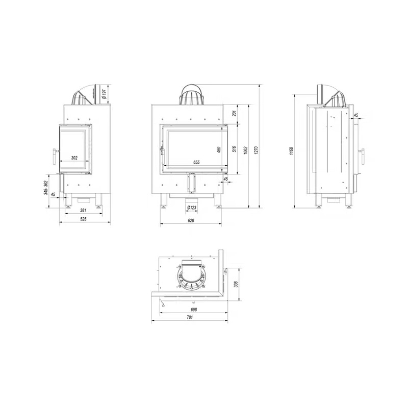 Kratki LUCY 12 P BS BLACK Ενεργειακό Τζάκι Ξύλου Αερόθερμο 12kw Δεξιά Γωνία από Χάλυβα με Ανοιγόμενη Πόρτα