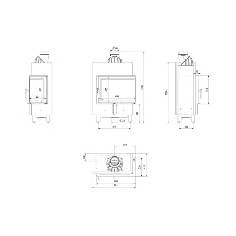 Kratki LUCY 12 SLIM P BS Ενεργειακό Τζάκι Ξύλου Αερόθερμο 8kw Δεξιά Γωνία από Χάλυβα με Ανοιγόμενη Πόρτα Τεχνικό Σχέδιο