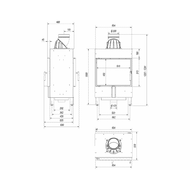 Kratki LUCY 12 T BLACK Ενεργειακό Τζάκι Ξύλου Αερόθερμο 12kW Διαμπερές από Χάλυβα με Ανοιγόμενη Πόρτα Τεχνικό Σχέδιο