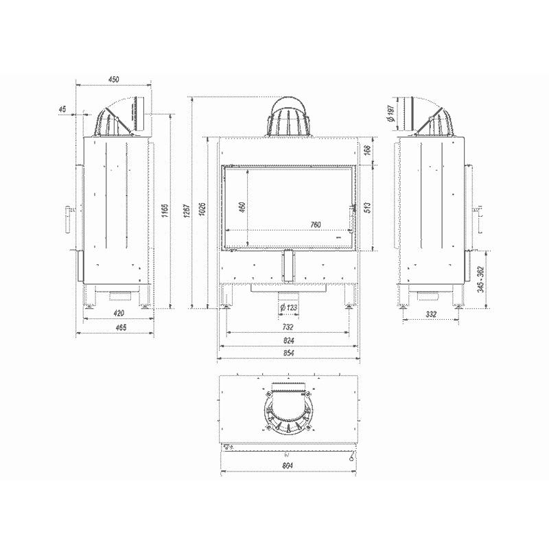 Kratki LUCY 14 BLACK Ενεργειακό Τζάκι Ξύλου Αερόθερμο 14kw Ίσιο από Χάλυβα με Ανοιγόμενη Πόρτα Τεχνικό Σχέδιο