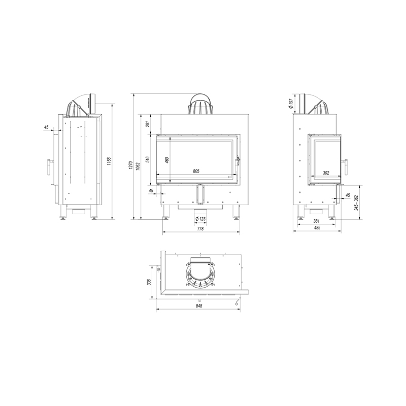 Kratki LUCY 14 L BS BLACK Ενεργειακό Τζάκι Ξύλου Αερόθερμο 14kw Αριστερή Γωνία από Χάλυβα με Ανοιγόμενη Πόρτα Τεχνικό Σχέδιο