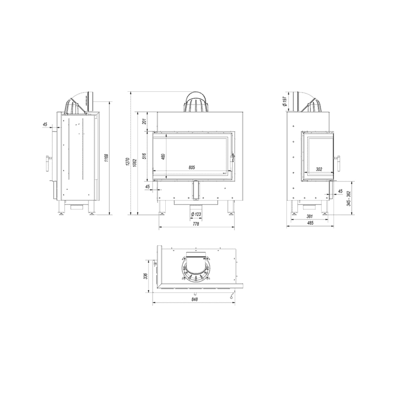 Kratki LUCY 14 L BS Ενεργειακό Τζάκι Ξύλου Αερόθερμο 14kw Αριστερή Γωνία από Χάλυβα με Ανοιγόμενη Πόρτα Τεχνικό Σχέδιο