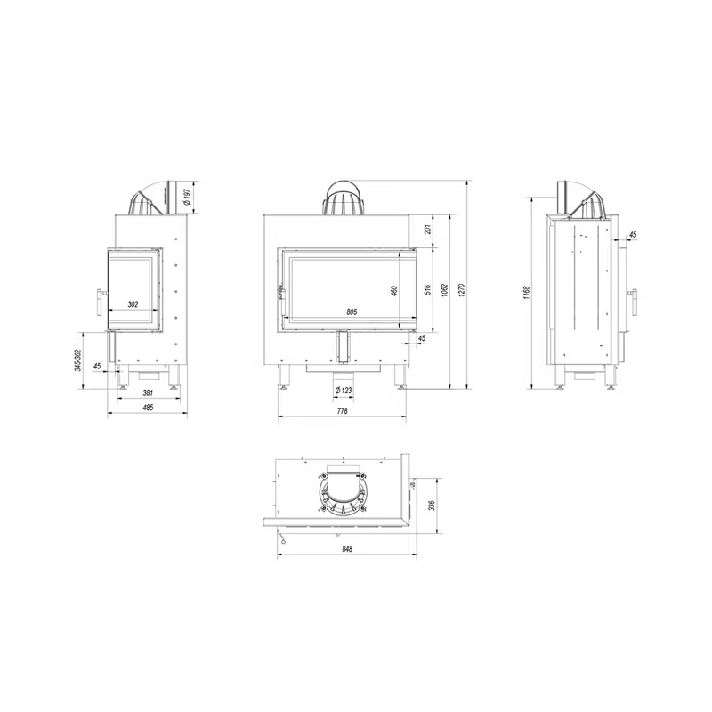 Kratki LUCY 14 P BS BLACK Ενεργειακό Τζάκι Ξύλου Αερόθερμο 14kw Δεξιά Γωνία από Χάλυβα με Ανοιγόμενη Πόρτα Τεχνικό Σχέδιο