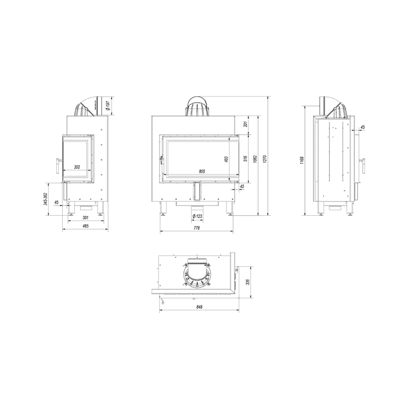 Kratki LUCY 14 P BS Ενεργειακό Τζάκι Ξύλου Αερόθερμο 14kw Αριστερή Γωνία από Χάλυβα με Ανοιγόμενη Πόρτα Τεχνικό Σχέδιο