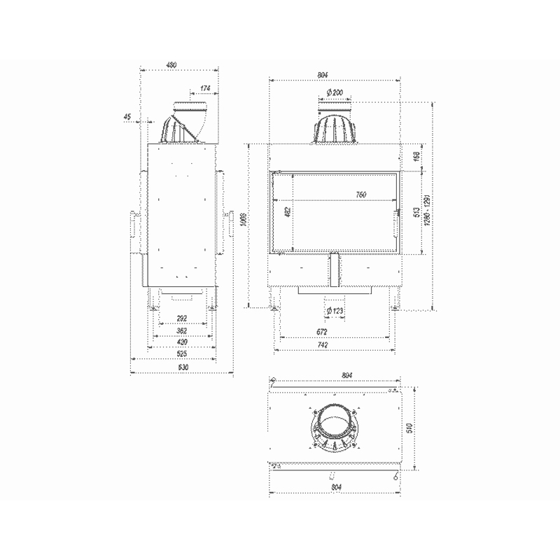 Kratki LUCY 14 T BLACK Ενεργειακό Τζάκι Ξύλου Αερόθερμο 14kw Διαμπερές από Χάλυβα με Ανοιγόμενη Πόρτα Τεχνικό Σχέδιο